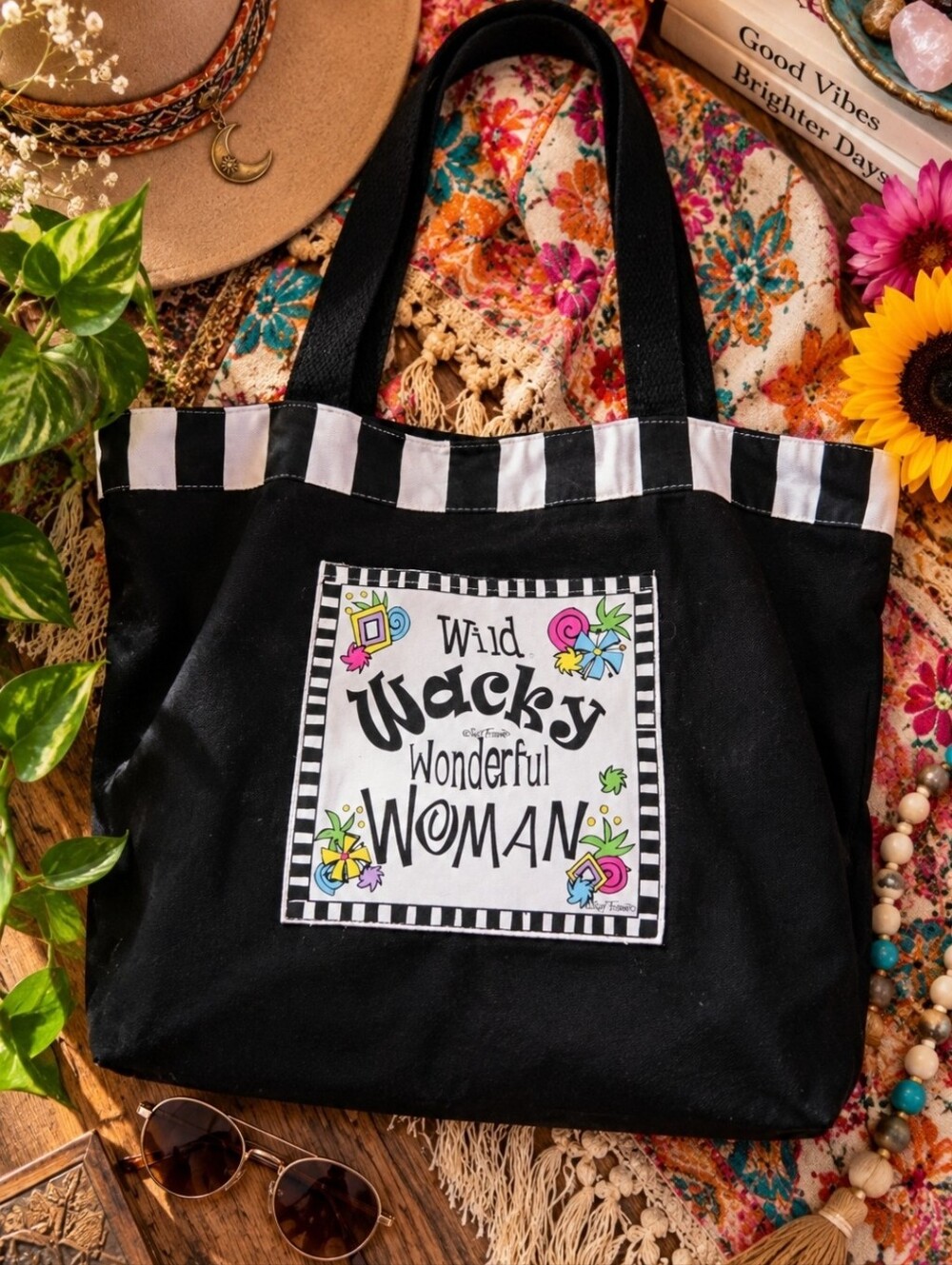 4/$15 Suz Toronto Wild Wacky Wonderful Woman Graphic Tote Bag Black Checker Y2K